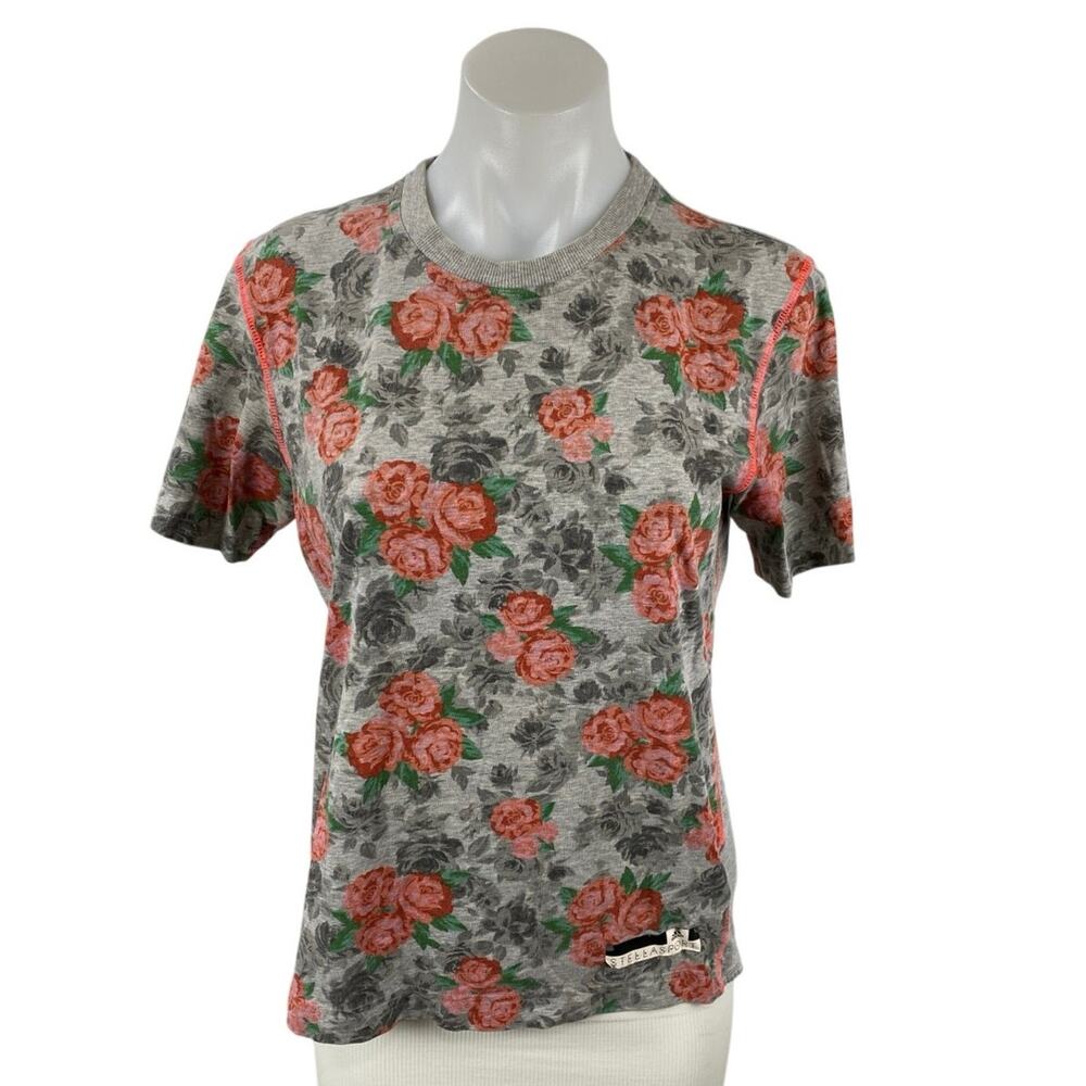 Adidas Stella Sport Gray Floral Short Sleeve Crew Neck T Shirt Tee Top Size S